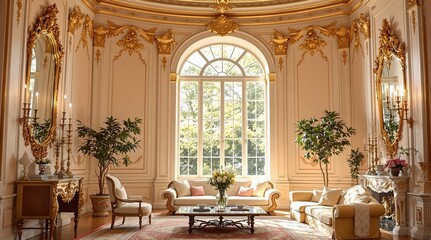 Fototapeta premium A lavish living room with a classical design, featuring a large arched window that allows natural light to flood in, illuminating the room adorned with golden accents. The room is furnished with plush