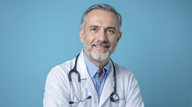 A portrait of a male doctor, captured against a light blue background. He is dressed in a white lab coat, and a stethoscope is visible around his neck. His expression is neutral, and he is looking dir
