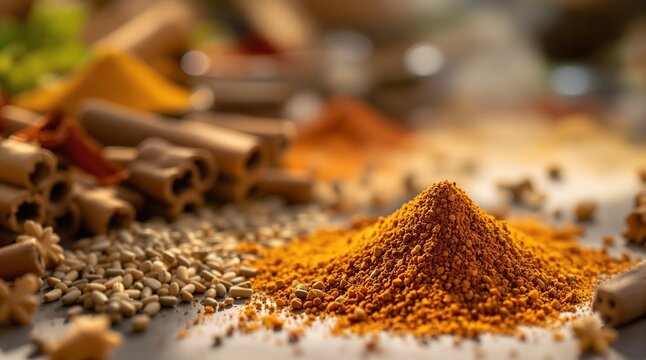 A close-up shot of a wooden surface with a pile of spices, including cumin seeds and cinnamon sticks, with a blurred background. The spices are vibrant in color, and the texture of the spices is visib