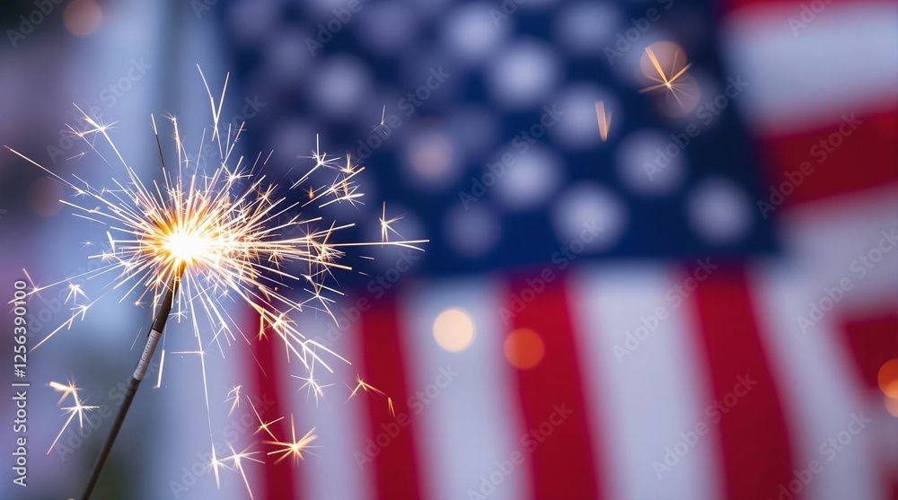 Poster a sparkler held in front of an american flag, with the stars and stripes of the flag blurred in the 
