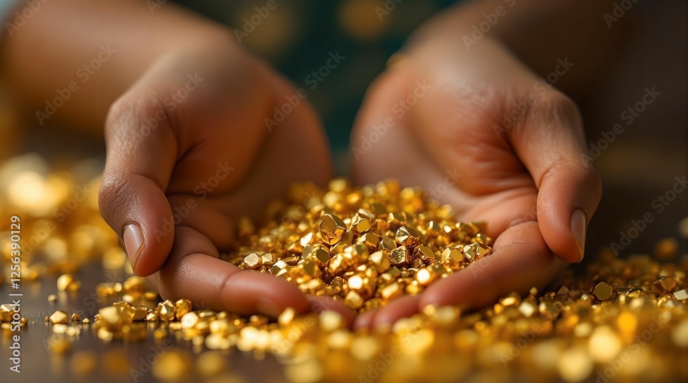 Poster a person holding a handful of gold coins in their hands, with a blurred background. the gold coins g