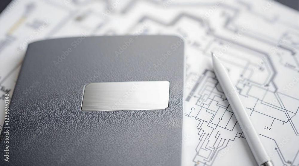 Aufkleber A close-up shot of a notebook and pen placed on top of a blueprint. The notebook has a metallic cover, and the pen is white with a black tip. The blueprint is detailed with various lines and shapes.