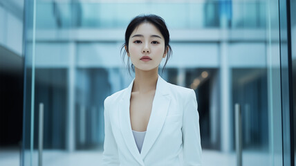 オフィスビルのエントランスで堂々と立つ白スーツの日本人女性、都会の洗練を纏う