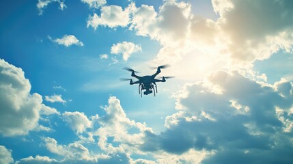 Remote-Controlled Military Drone Soaring Through Pristine Blue Skies with Cloudy Horizons