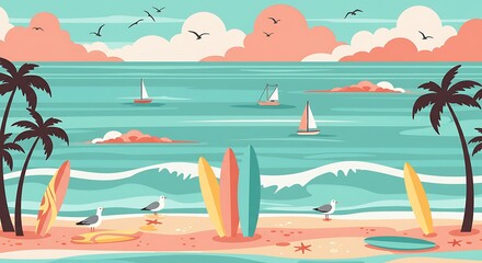 Obraz premium Beach Landscape Tropical Scene seamless pattern