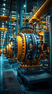 This close-up image highlights an industrial compressor with bold golden and blue colors, demonstrating the intricate design and robust functionality of modern engineering.