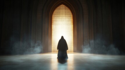 A cloaked figure stands before a luminous arched doorway in a dimly lit, atmospheric hall. An air of mystery and anticipation fills the scene.