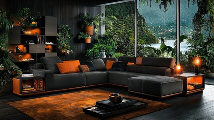 Fototapeta premium Luxurious Sectional Sofa In A Modern Tropical Living Room