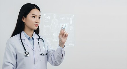 Asian woman doctor using futuristic holographic interface. Advanced medical technology concept. Digital healthcare innovation in hospital setting.
