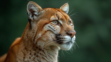 Fototapeta premium Close-up of a face of cougar with detailed fur and whiskers set against a green background