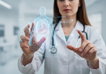 Woman doctor using futuristic holographic technology to examine virtual human body. Advanced medical diagnostics and treatment planning in digital healthcare concept