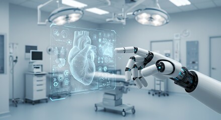 Robotic arm examining holographic human heart in futuristic operating room. Artificial intelligence in cardiology. Advanced medical technology concept.