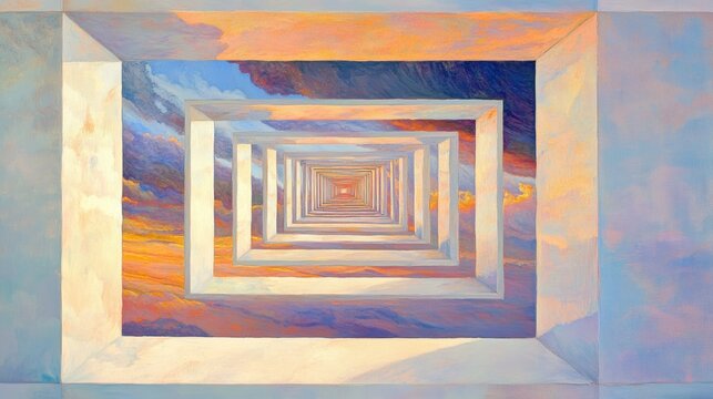 A surreal painting of nested frames receding into a vibrant sunset sky. Warm colors and a sense of depth create a captivating dreamscape.