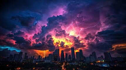 Fototapeta premium Dramatic Lightning Storm Over City Skyline at Night