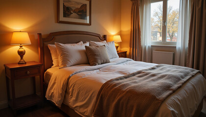 Obraz premium Cozy flannel bedding in warm-lit bedroom, inviting comfort