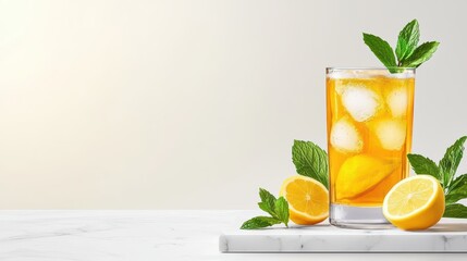 Fototapeta premium Refreshing Lemon Mint Iced Tea with Ice Cubes and Fresh Mint Leaves