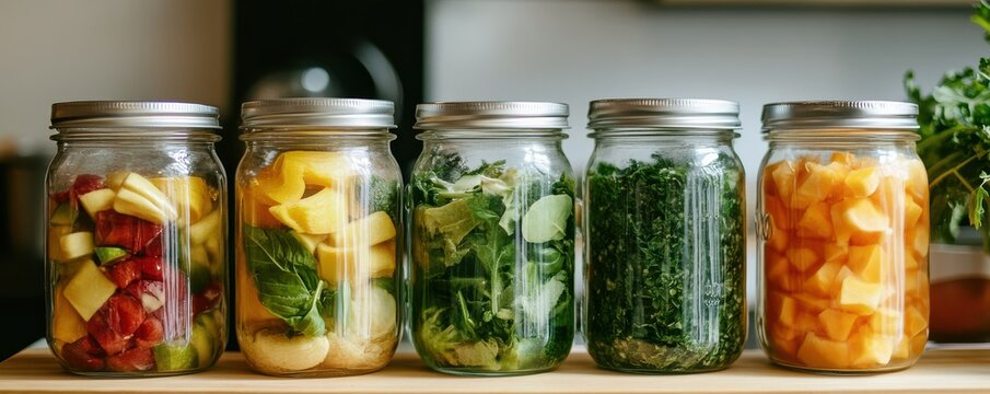 Variety of fresh fruits and vegetables in glass jars on a kitchen counter