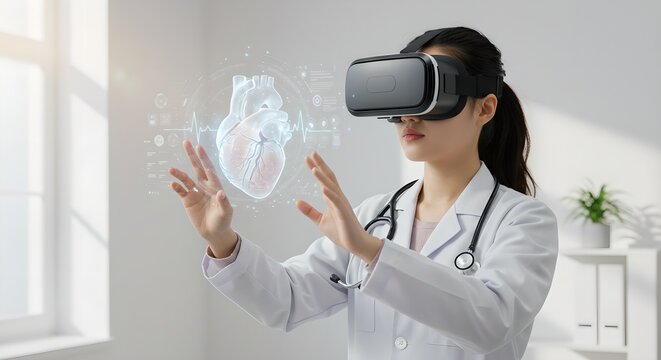 Woman doctor using virtual reality headset to examine 3D holographic heart model. Future of medical education and telemedicine. Digital healthcare technology concept. - Powered by Adobe