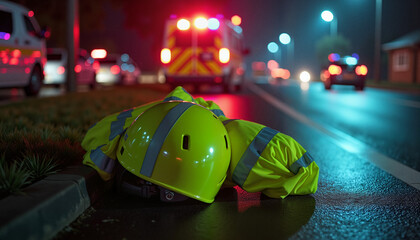 High-visibility vest and helmet at accident scene, emergency response