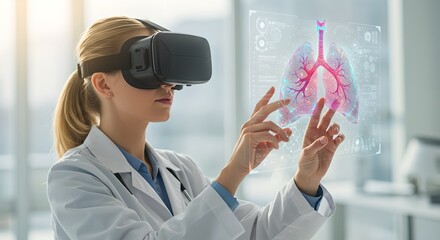 Woman doctor using virtual reality headset to examine 3D model of lungs. Future of medical education and diagnosis. VR in healthcare innovation