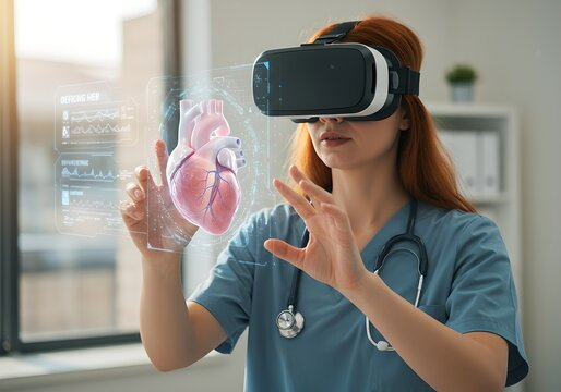 Woman doctor using virtual reality headset to examine 3D heart model. Future of medical education and training in cardiology. Innovative healthcare technology.