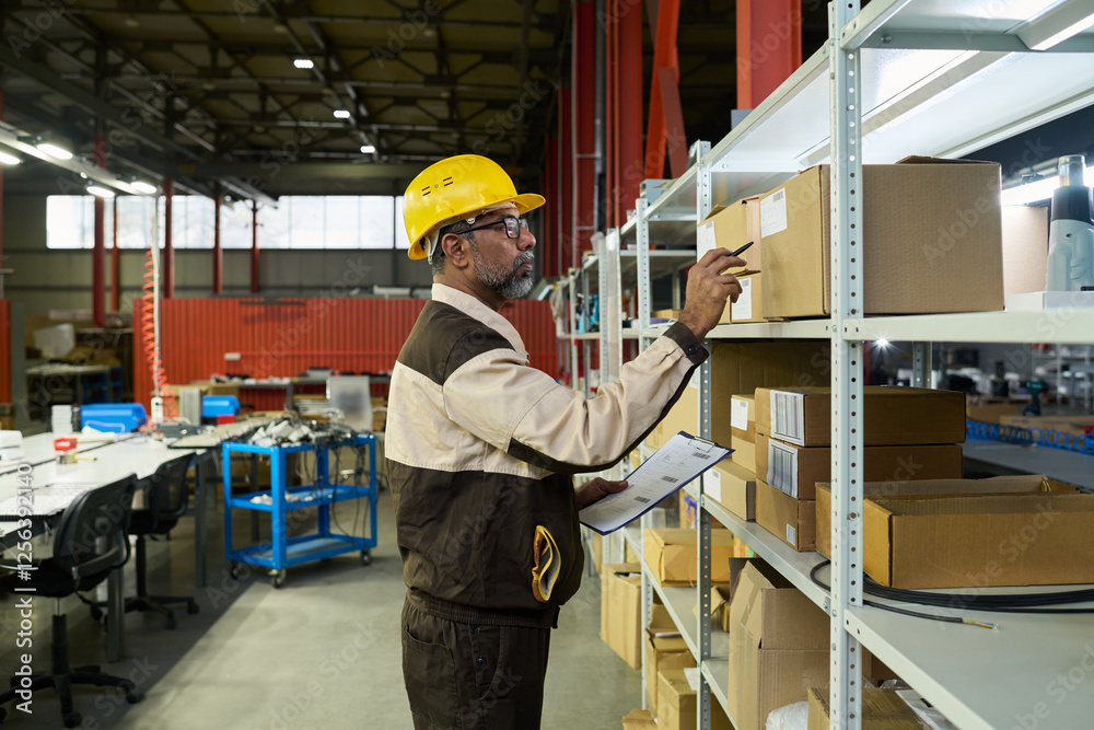 Aufkleber Serious mature multiethnic male worker of factory pointing at sticker on packed box on shelf while making revision