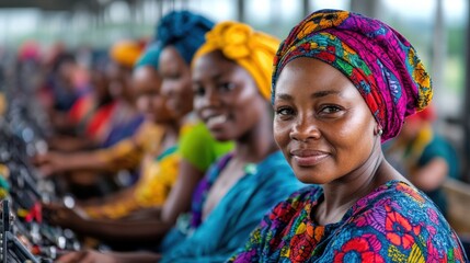 Obraz premium A woman wearing a colorful outfit and headwrap smiles warmly in a community setting, embodying the spirit of togetherness, culture, and mutual support among individuals.