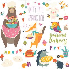 Vector cartoon set animals baking the sweets