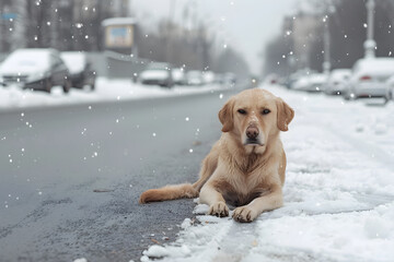 Dog rests in the snow, gazing forlornly. Winter scene with light-colored canine on a snow covered road.  