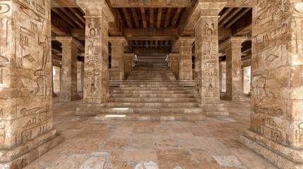 Fototapeta premium Ancient temple interior with hieroglyph-covered columns and a grand staircase leading to an unseen chamber.