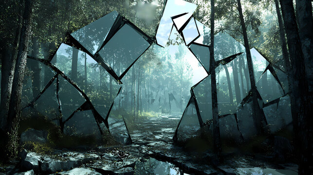 A scene of a distorted forest reflected in a shattered mirror the reflection hinting at a world beyond reality filled with illusions and trickery. Shattered Realities. Illustration