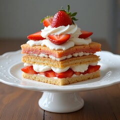 A layered strawberry shortcake with whipped cream and fresh strawberry slices, elegantly plated on a white dish. Generative AI
