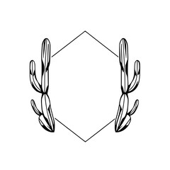 A symmetrically composed symmetrical cactus design that is a minimalist illustration with a hexagonal frame, on a plain white background. © MatandSterre