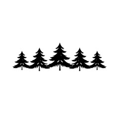 Obraz premium Silhouette of a forest of pine tree silhouettes on a white background.