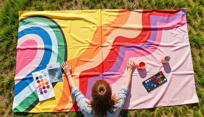 Woman designing colorful banners outdoors, promoting feminism