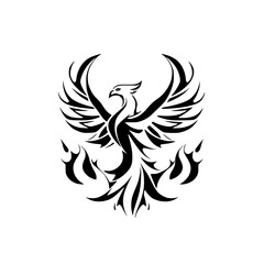 Black Phoenix Rising - A minimalist design of a Phoenix with flames, set against a white background.