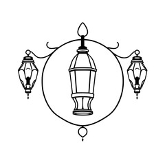 Ornamental street lamp with three lamps, artistic black-and-white design.