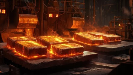 Molten Metal Ingots Glowing in Steel Mill