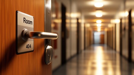 Hotel room 404 with open door and warm lighting ambiance