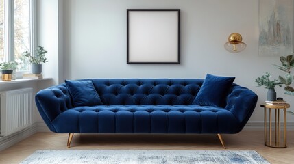 Elegant blue velvet sofa in a modern living room with natural light and minimalist decor