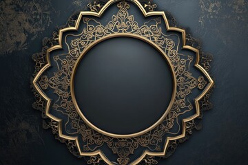 Elegant Ornate Gold Frame with Intricate Patterns and Copy Space for Greeting Eid Mubarak or Ramadan Kareem Celebrations on a Rich Dark Background with Decorative Arabesque Details