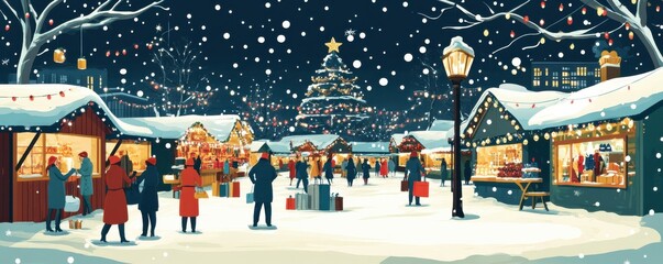Fototapeta premium Festive christmas market scene with snow and lights