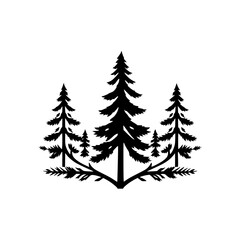 Black and white silhouette image of evergreen trees in a naturalistic style.