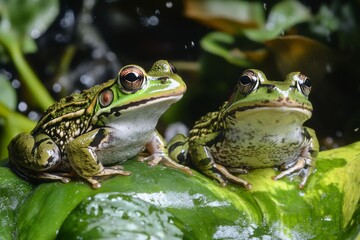 Obraz premium Two frogs resting on a green lily pad in a serene water environment during daylight