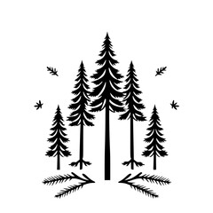 Obraz premium Forest Silhouette: A minimalist representation of five black pine trees and scattered leaves on a white background.