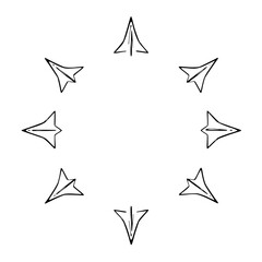 Hand-drawn black and white illustration showing eight paper airplanes arranged in a circle.