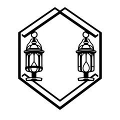 Two ornate, lantern-style lanterns hang within a hexagonal frame, black and white.