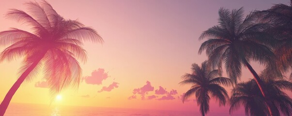 Serene sunset over ocean with silhouetted palm trees in vibrant pastel sky