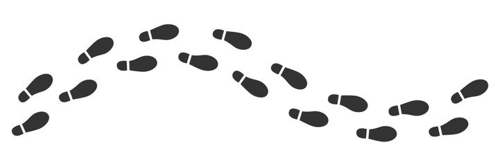 Black shoes prints footpath. Steps or footprints of walking or running person. Human steps traces silhouettes. Vector illustration isolated on white background.
