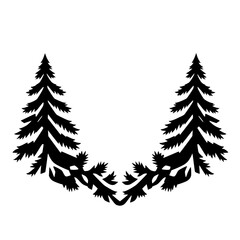 Obraz premium Silhouette of Pine Trees Forming a Symmetrical Arch with a Central Design on White.